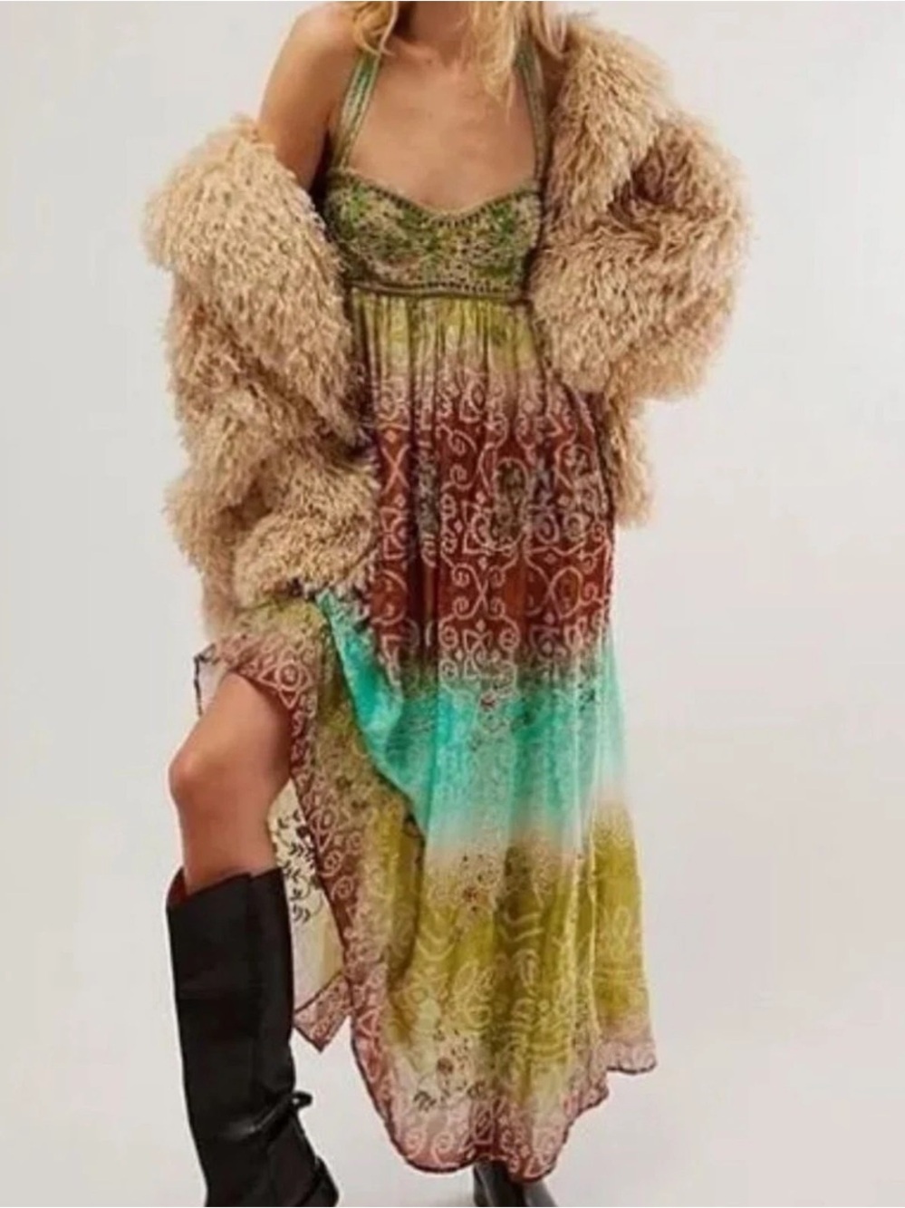 Free People Sz S Dress Into the Nights Maxi Woods Combo NWOT Boho Festival。